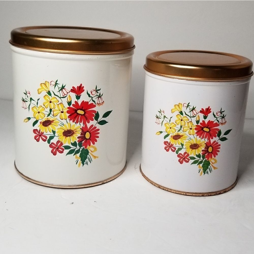 Vintage canister tin set with copper top floral design midcentry